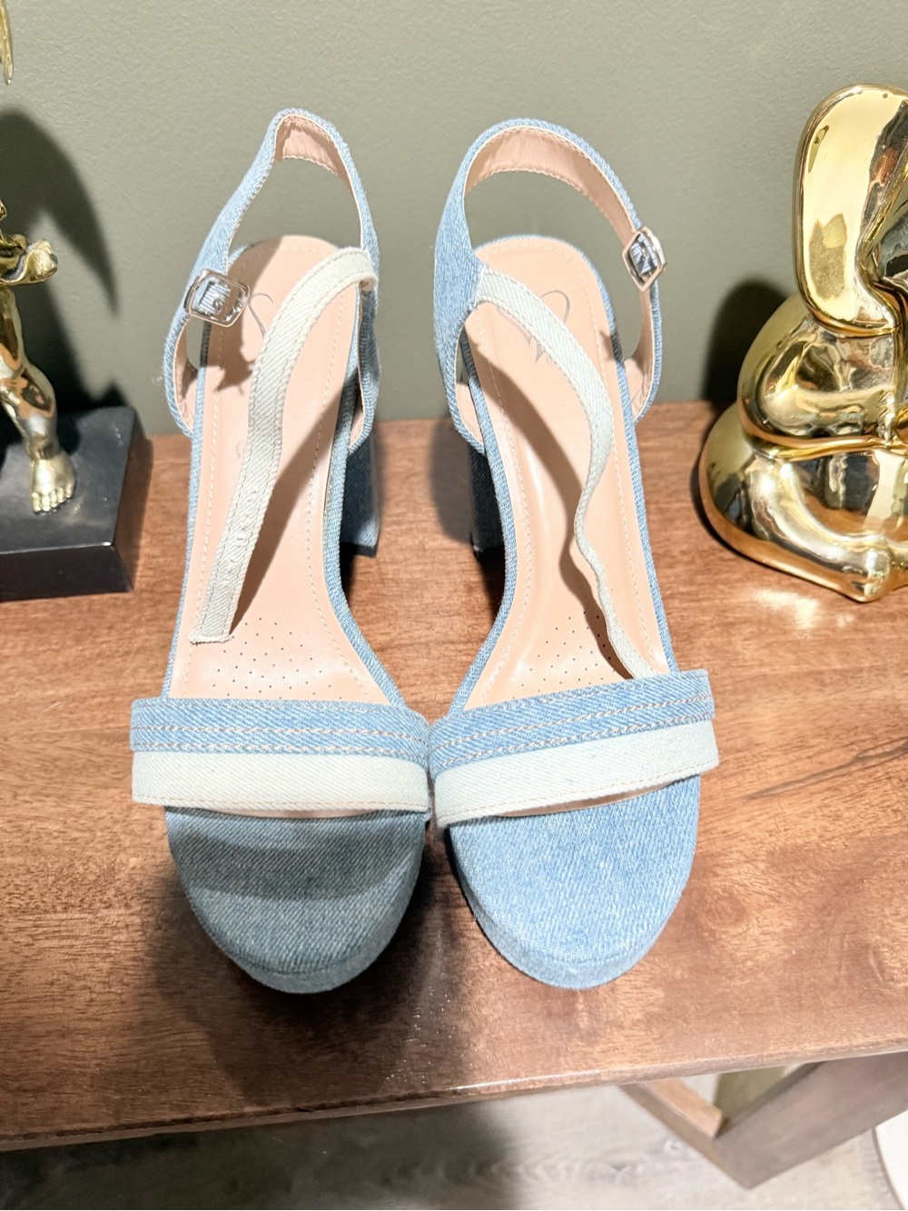 Windsor Light Blue Denim Slingback Block Heels with Cream Strap